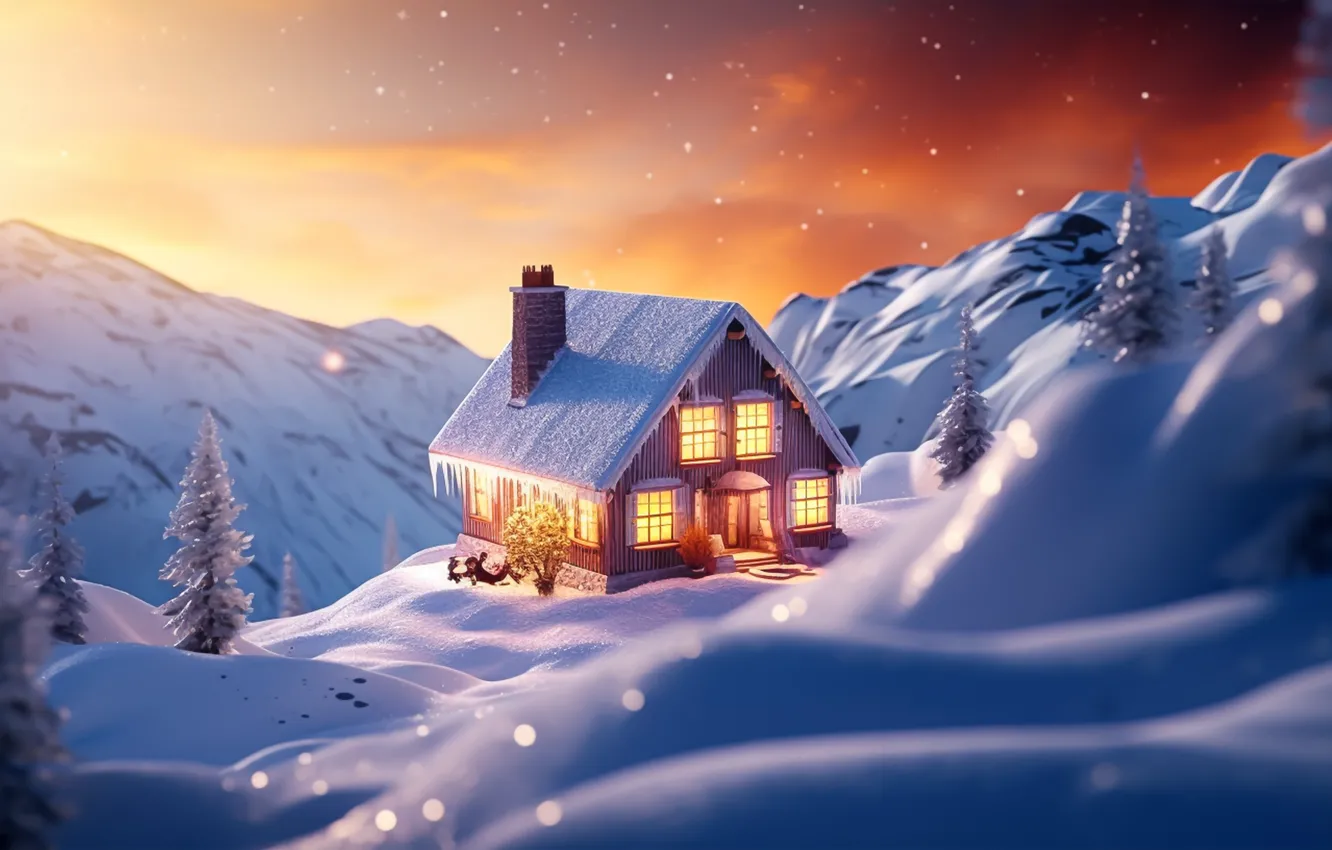 Photo wallpaper winter, light, snow, mountains, house, Christmas, New year, house
