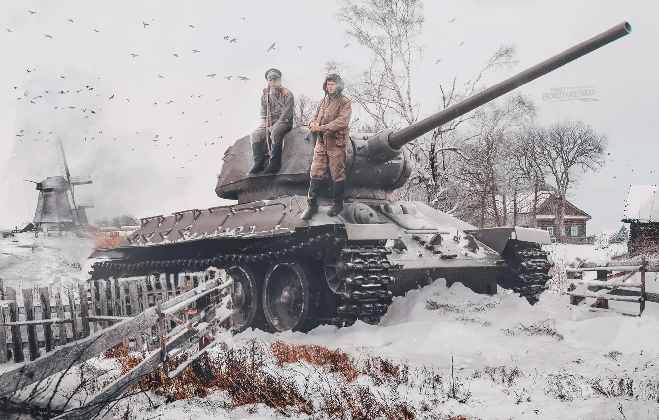 Photo wallpaper Winter, Snow, War, USSR, T-34, WWII, Tank, T-34-85