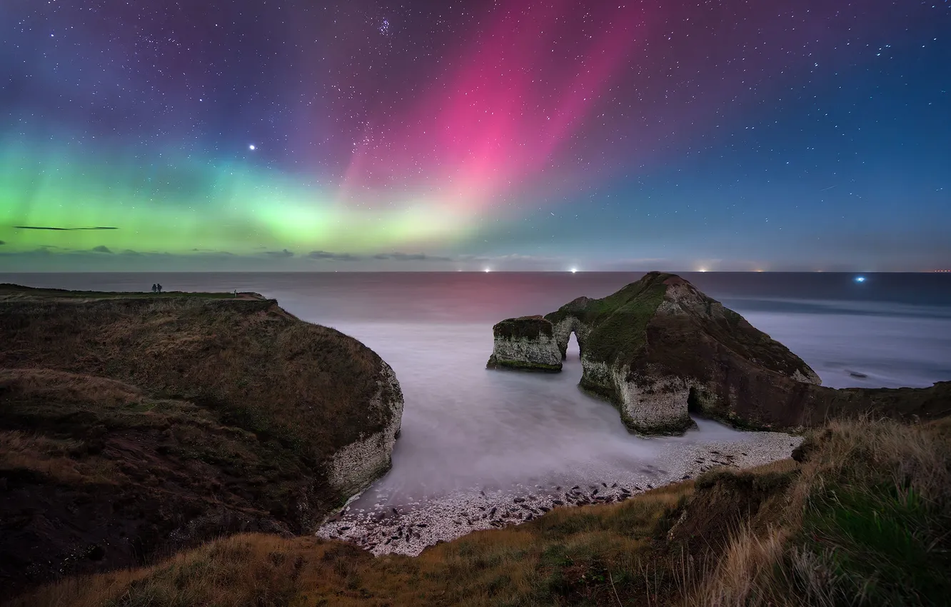 Photo wallpaper sea, landscape, rocks, Northern lights