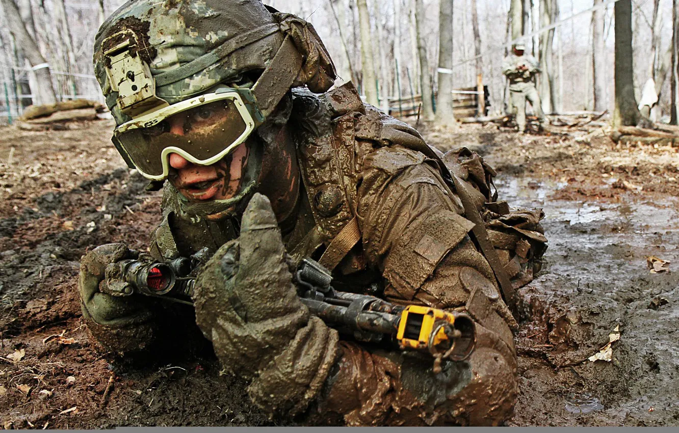 Photo wallpaper weapons, mask, soldiers, costume, machine, sight, helmet, exercises