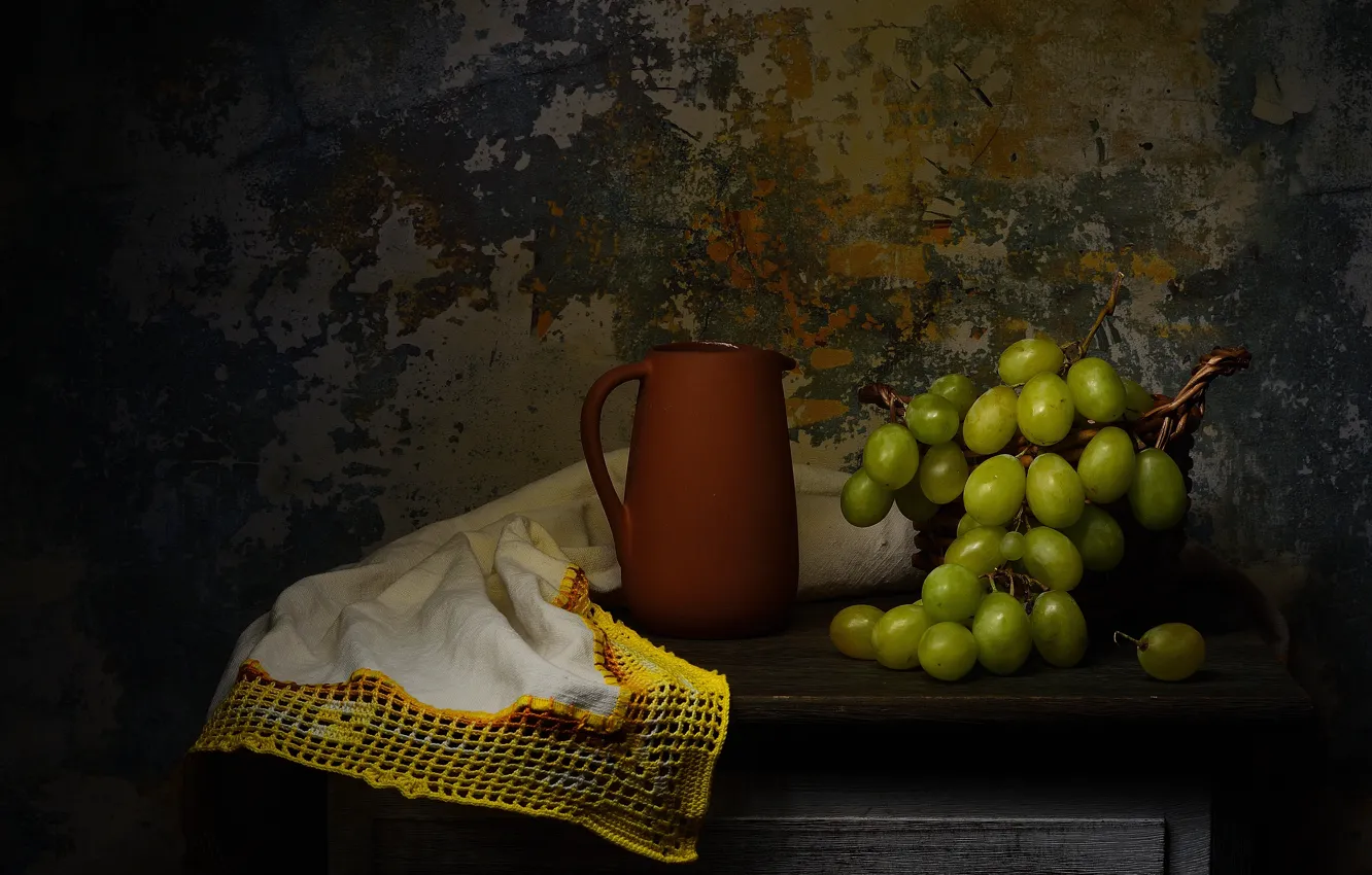 Photo wallpaper the dark background, still life, table, grapes, towel, pitcher