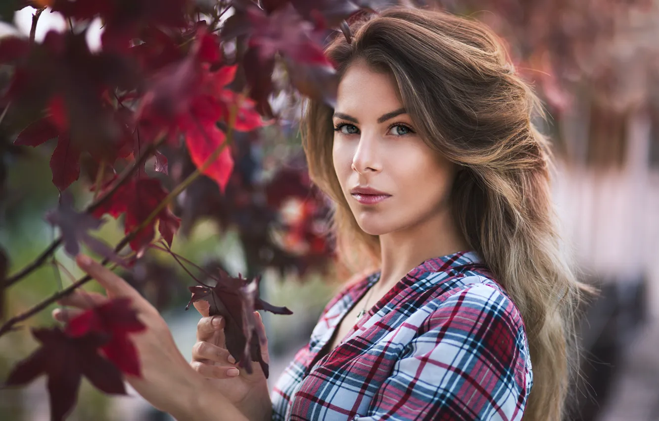 Photo wallpaper look, leaves, girl, model, hair, figure, shirt, shoulders