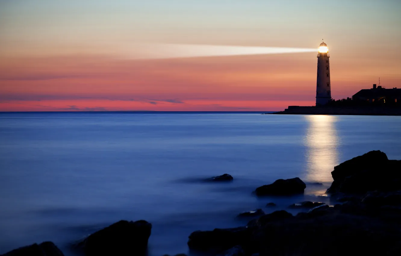 Photo wallpaper sea, the sky, sunset, stones, shore, lighthouse, horizon, CA