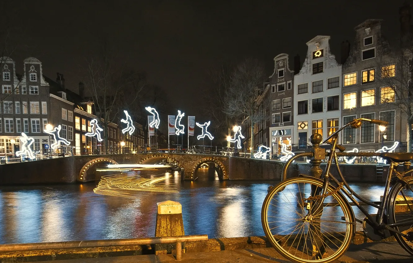 Photo wallpaper night, bridge, bike, lights, river, home, Amsterdam, Netherlands