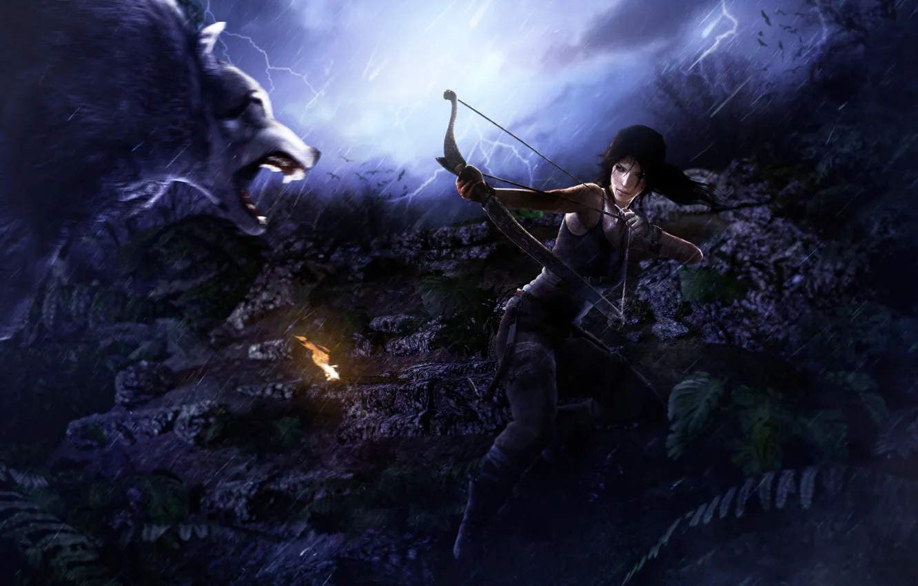 Photo wallpaper forest, wolf, bow, Tomb Raider, arrows, Lara Croft