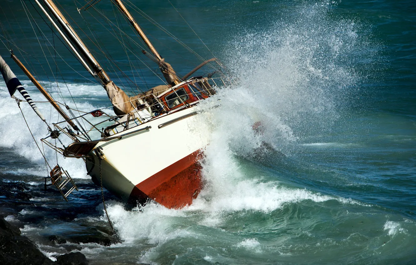Photo wallpaper wave, storm, the ocean, shore, ship, the crash, yacht, collapse