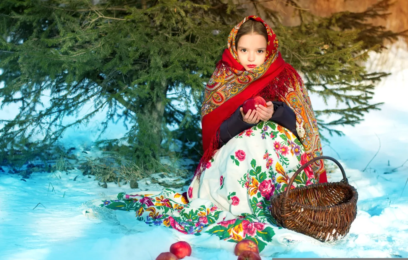 Photo wallpaper winter, forest, apples, girl, shawl