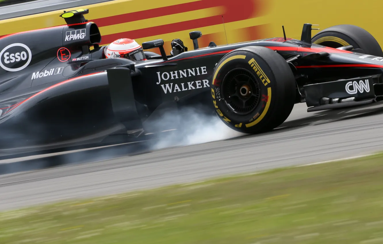 Photo wallpaper McLaren, Smoke, Formula 1, Jenson Button, MP4-30, Braking