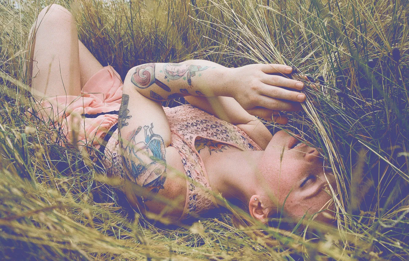 Photo wallpaper girl, grass, blouse, field, woman, model, tattoo, tattoos