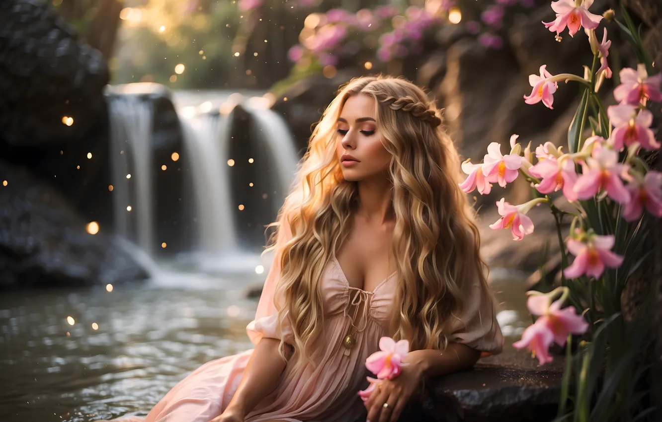 Photo wallpaper flowers, nature, blonde, waterfall, AI art, eyelashes, closed eyes, curls
