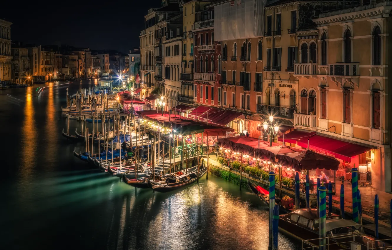 Photo wallpaper night, lights, home, boats, lights, Italy, Venice, channel