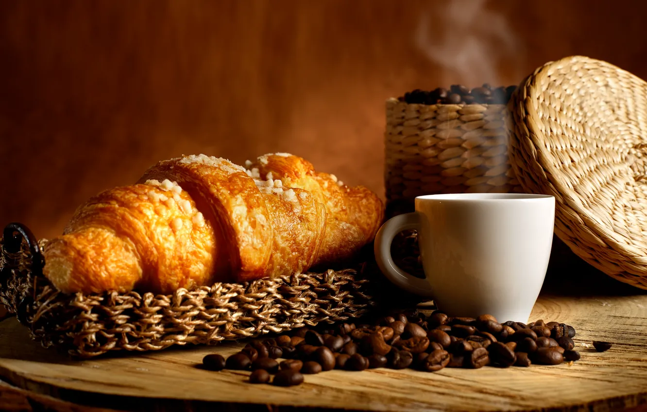 Photo wallpaper coffee, basket, coffee beans, aroma, coffee, croissant, basket, coffee beans