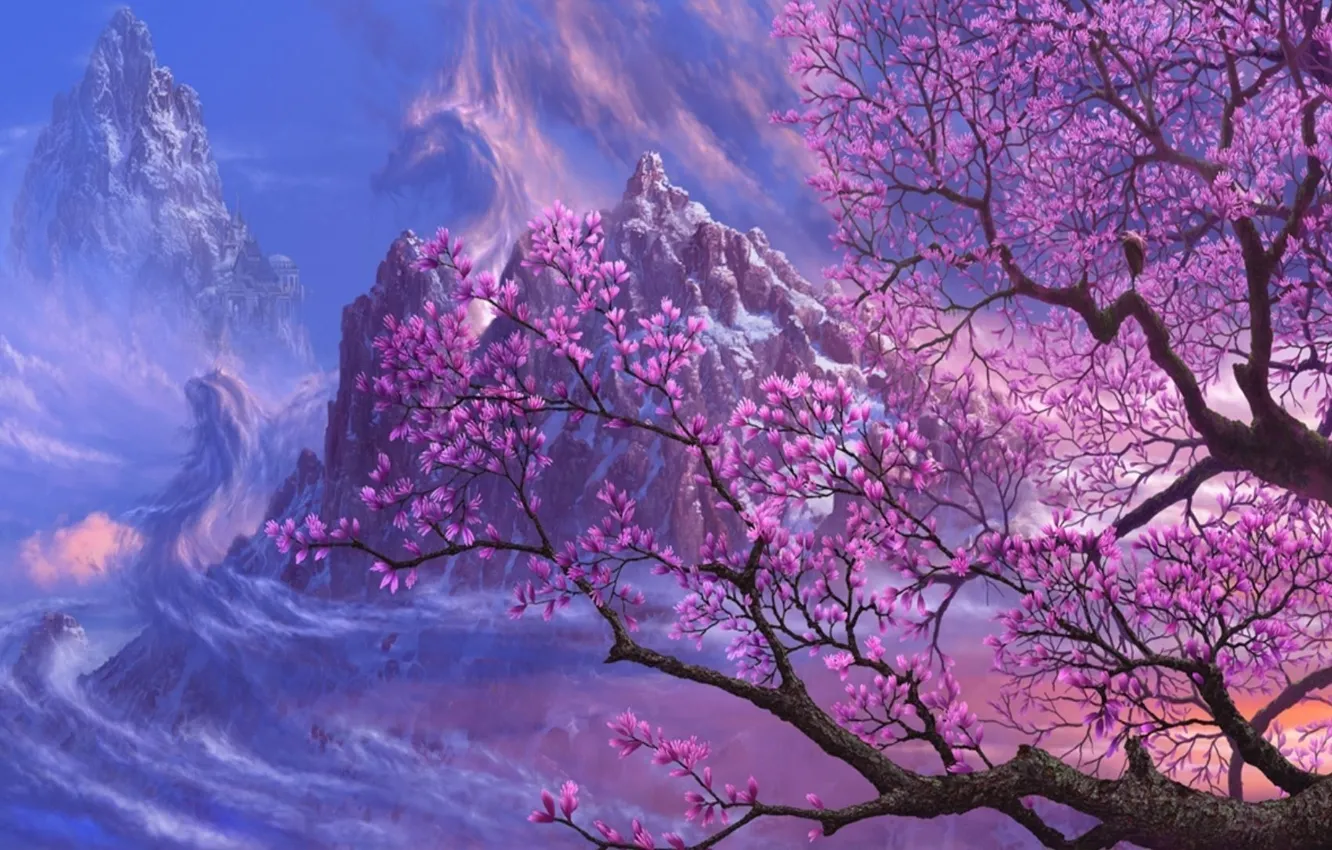 Photo wallpaper nature, colors, sky, mountain, tree, magnolia