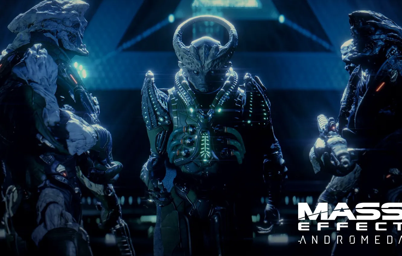 Photo wallpaper gun, game, weapon, alien, Mass Effect, suit, Mass Effect Andromeda