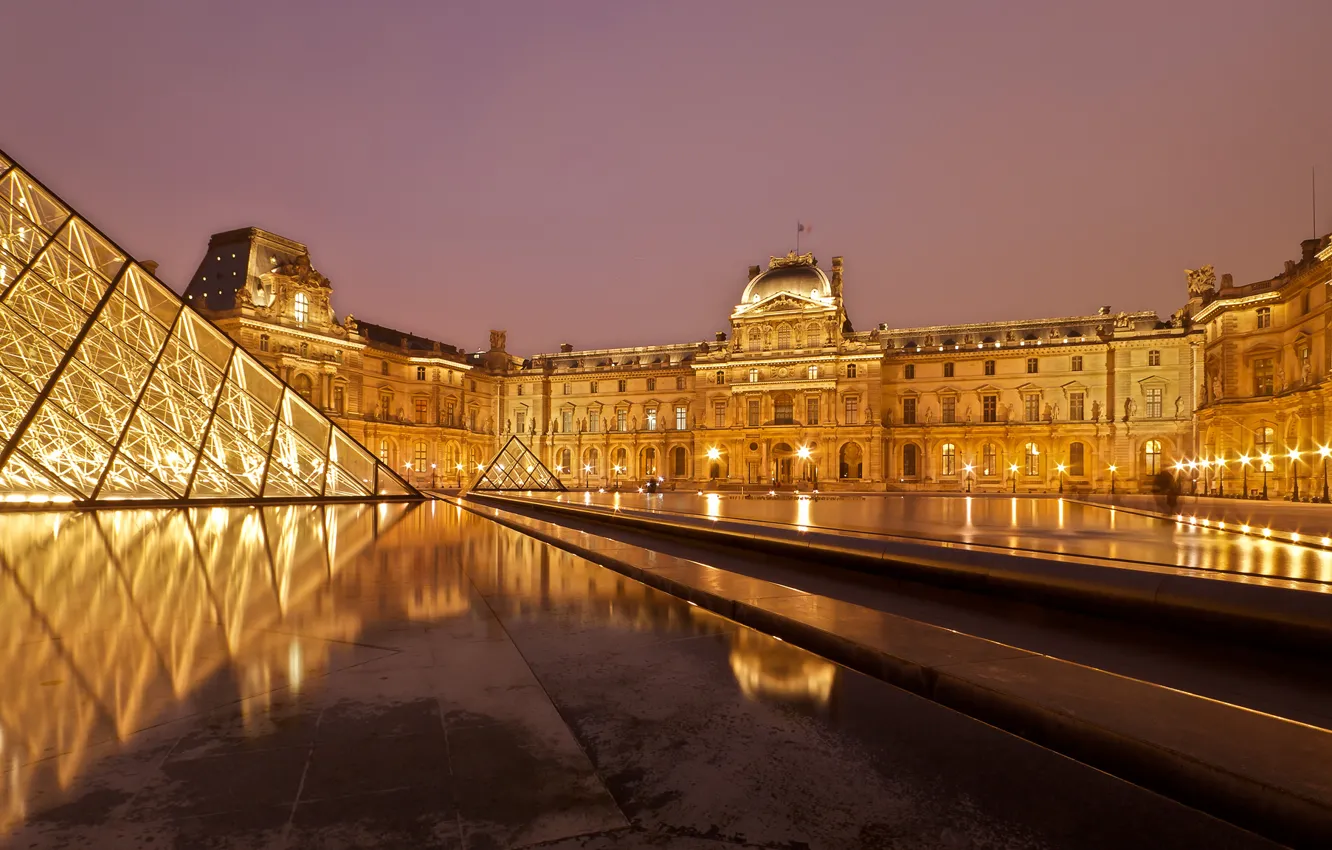 Photo wallpaper night, lights, Paris, The Louvre