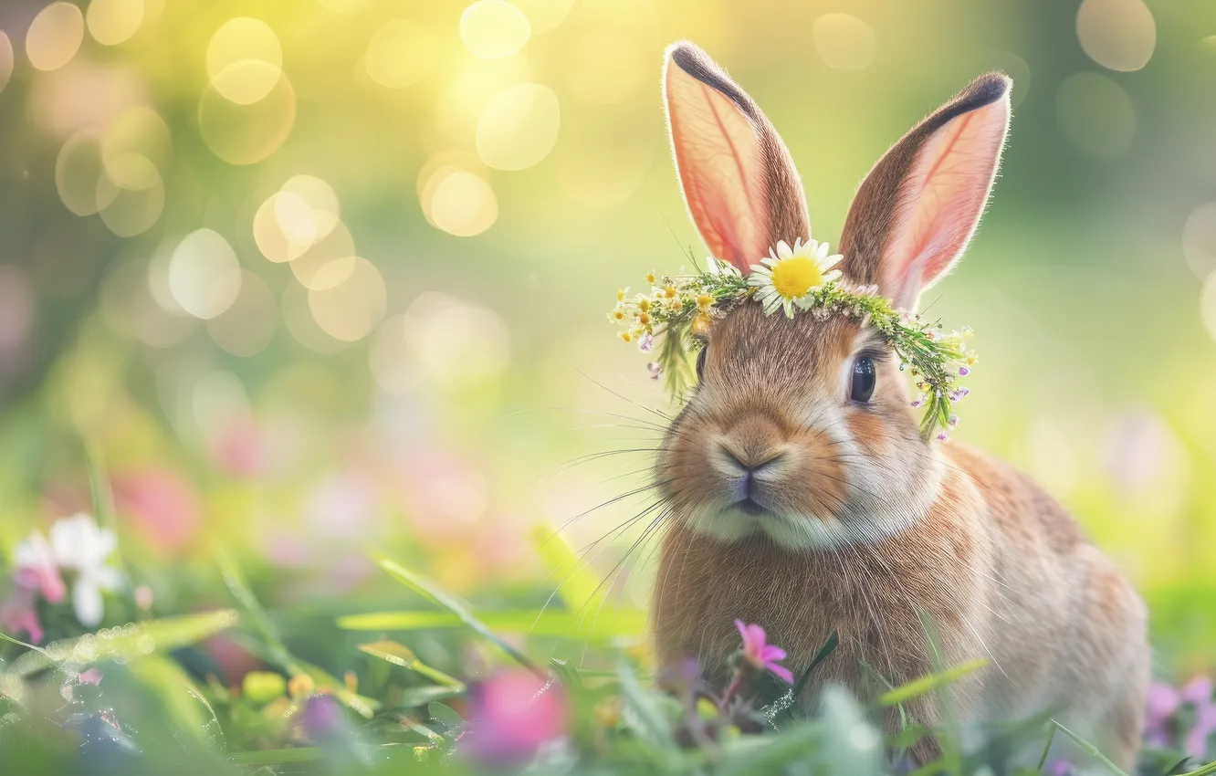 Photo wallpaper flowers, holiday, spring, rabbit, Easter, wreath, AI art, Easter background