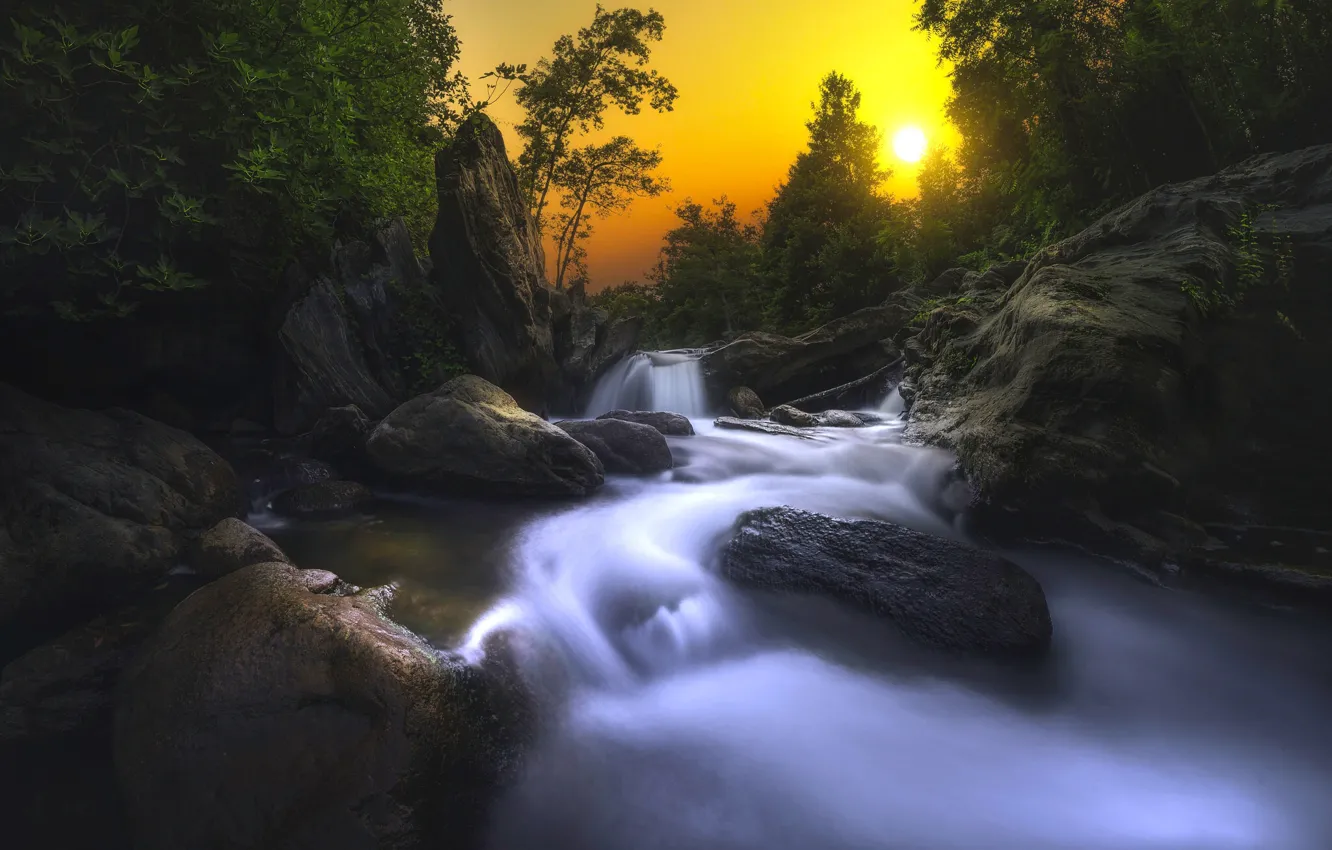 Photo wallpaper sunset, river, stones, France, France, Corsica, Corsica, River Fium Alto