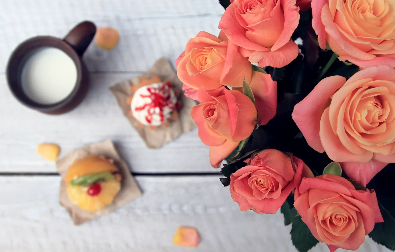 Photo wallpaper roses, bouquet, milk, mug