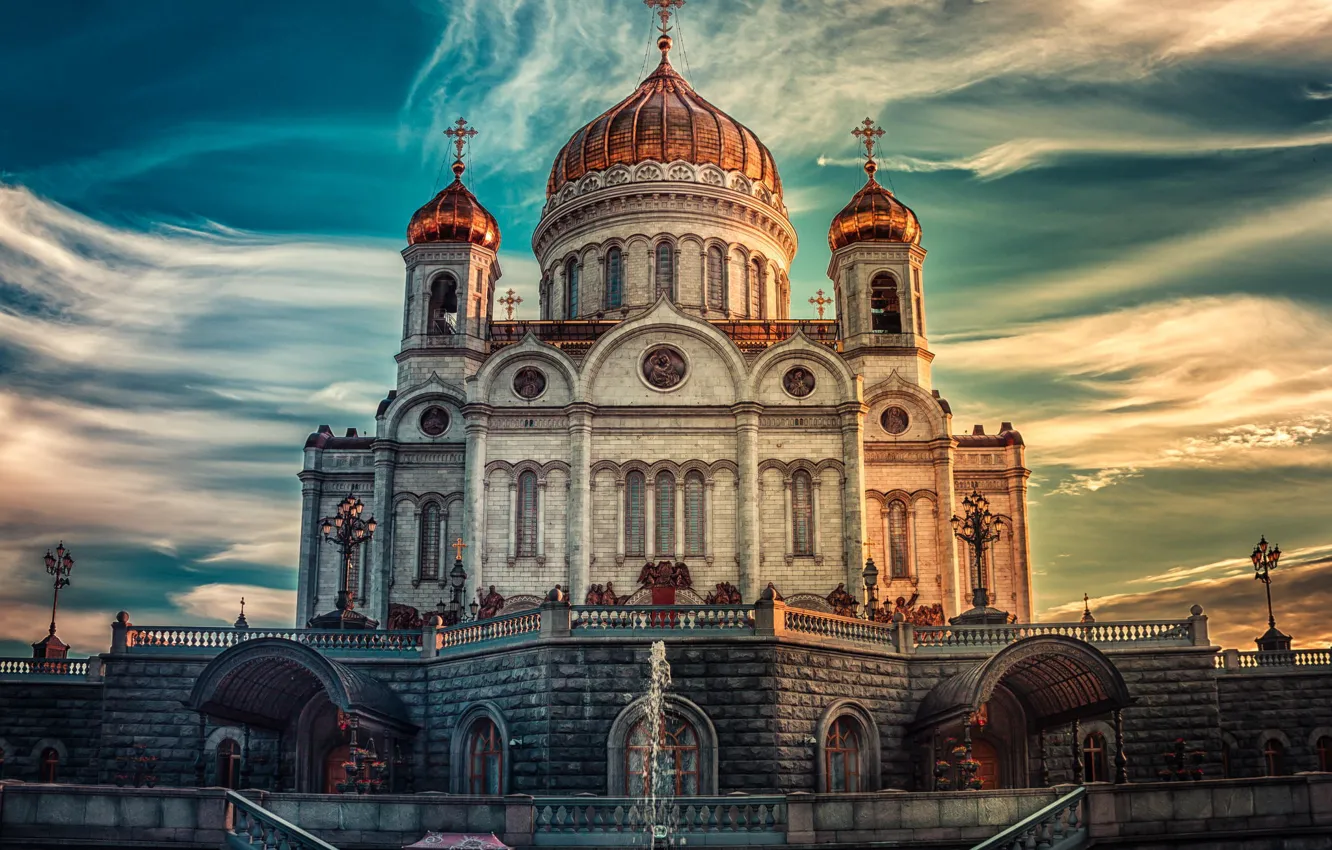 Photo wallpaper the sky, clouds, light, landscape, sunset, Cathedral, Church, Moscow
