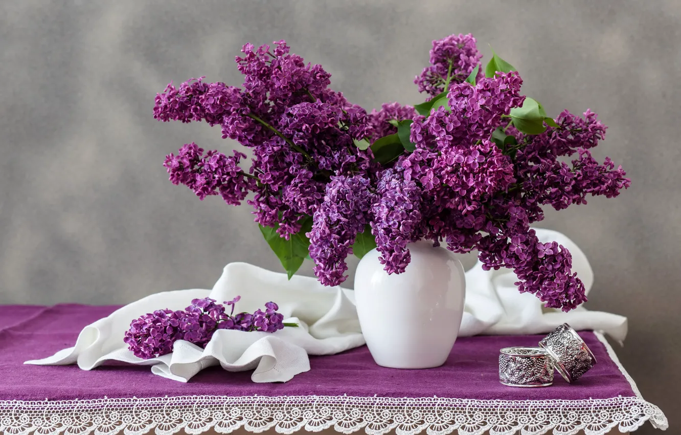 Photo wallpaper flowers, table, bouquet, fabric, white, vase, lilac, tablecloth
