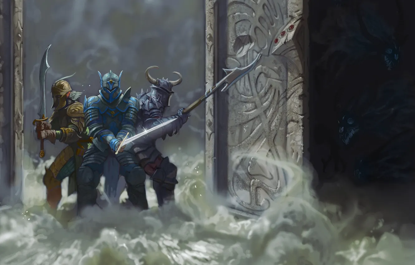 Photo wallpaper fog, armor, swords, knights
