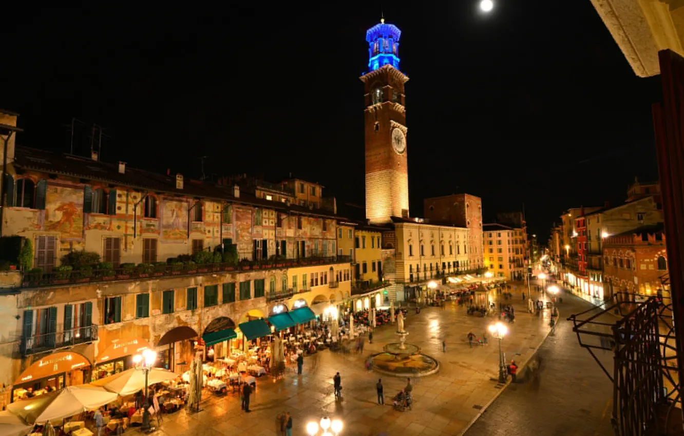 Photo wallpaper night, lights, tower, home, area, Italy, Verona