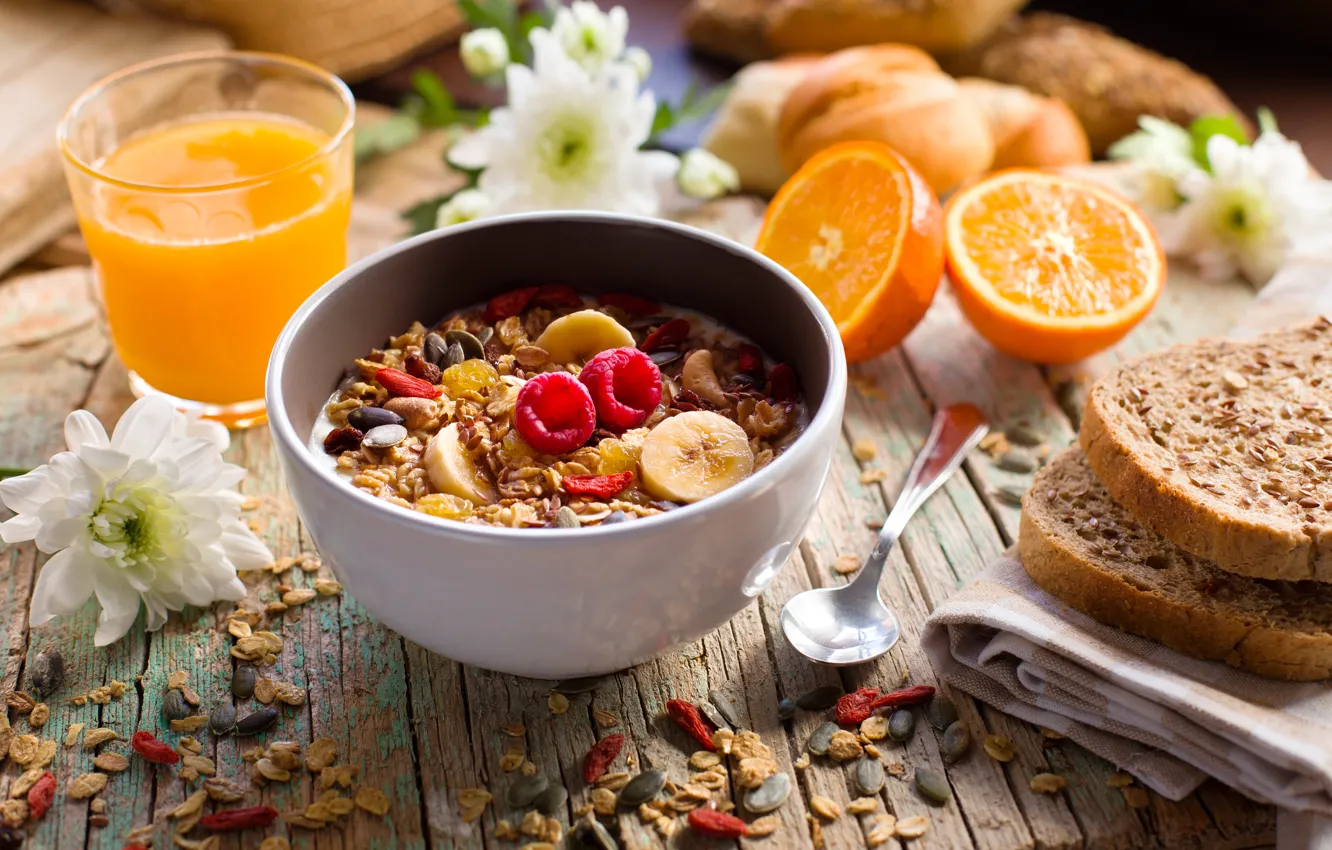Photo wallpaper berries, Breakfast, juice, bananas, wood, muesli, yogurt, orange