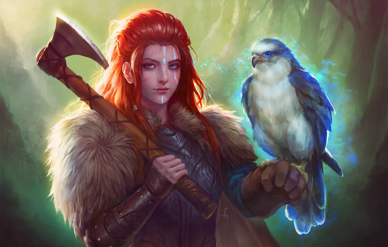 Photo wallpaper girl, bird, Companion, red, girl, axe, Falcon, bird