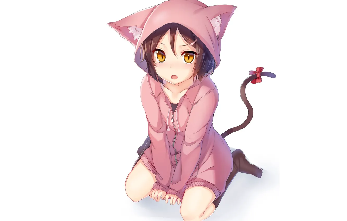 Photo wallpaper art, hood, neko, ears, white background.