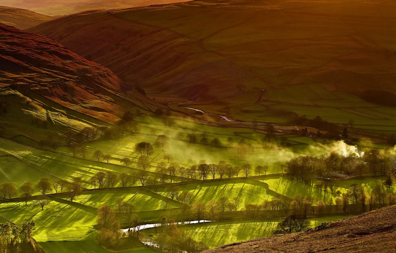 Photo wallpaper field, trees, mountains, river, home, valley