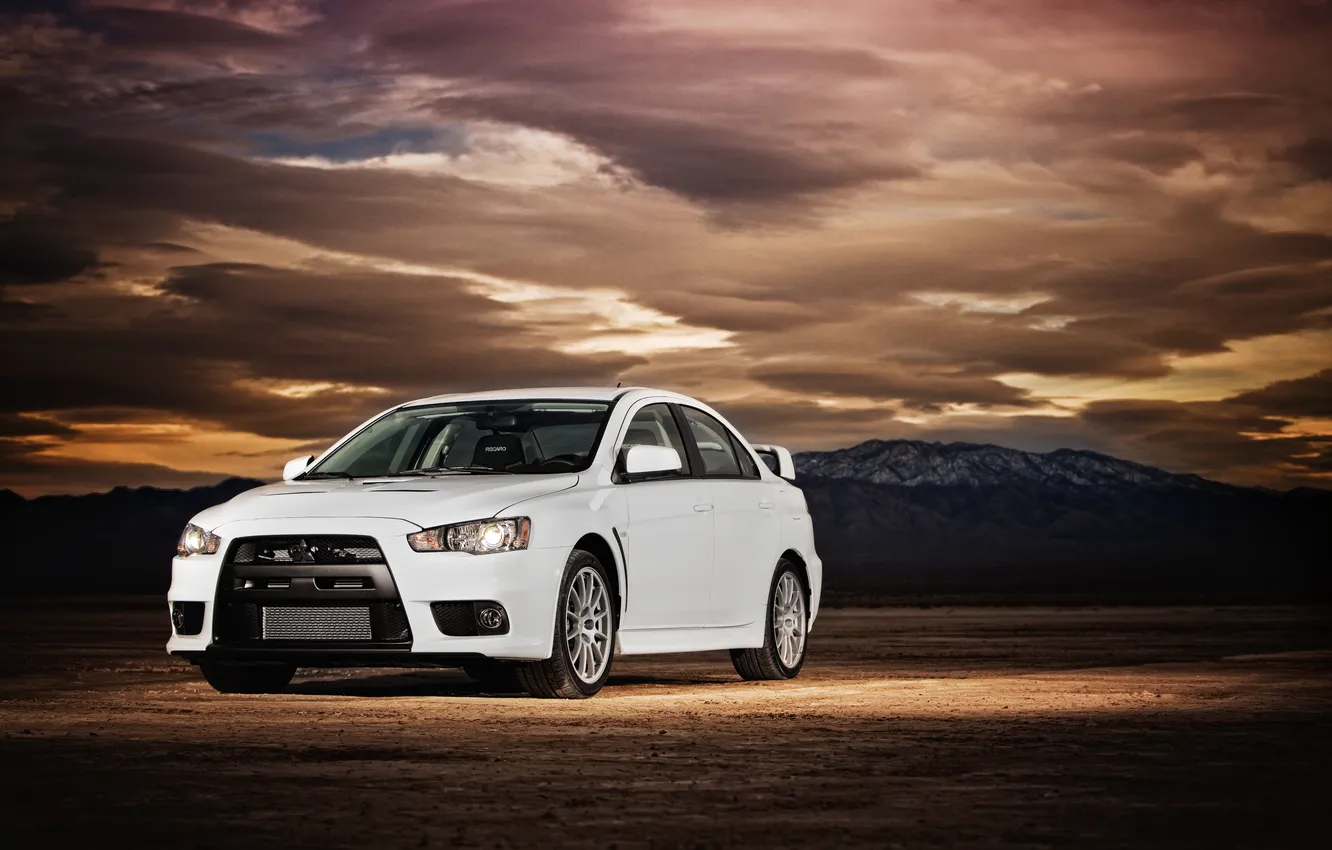 Photo wallpaper white, the sky, mountains, clouds, Mitsubishi, white, front view, Lancer
