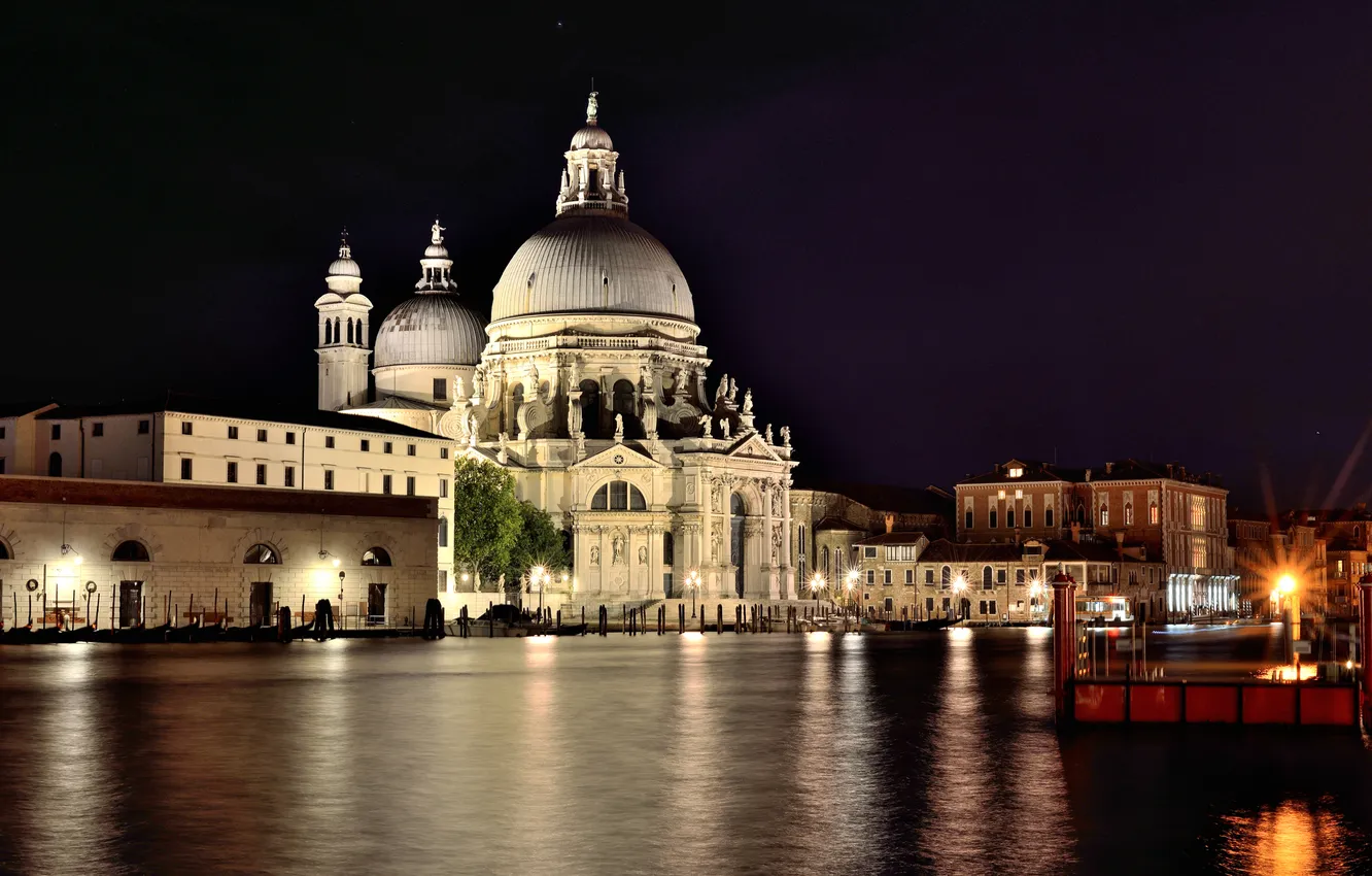 Photo wallpaper night, lights, Italy, Venice, Cathedral, channel