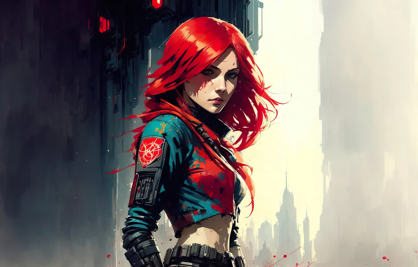 Photo wallpaper city, art, fantastic, painting, Future, digital art, futuristic, Red hair