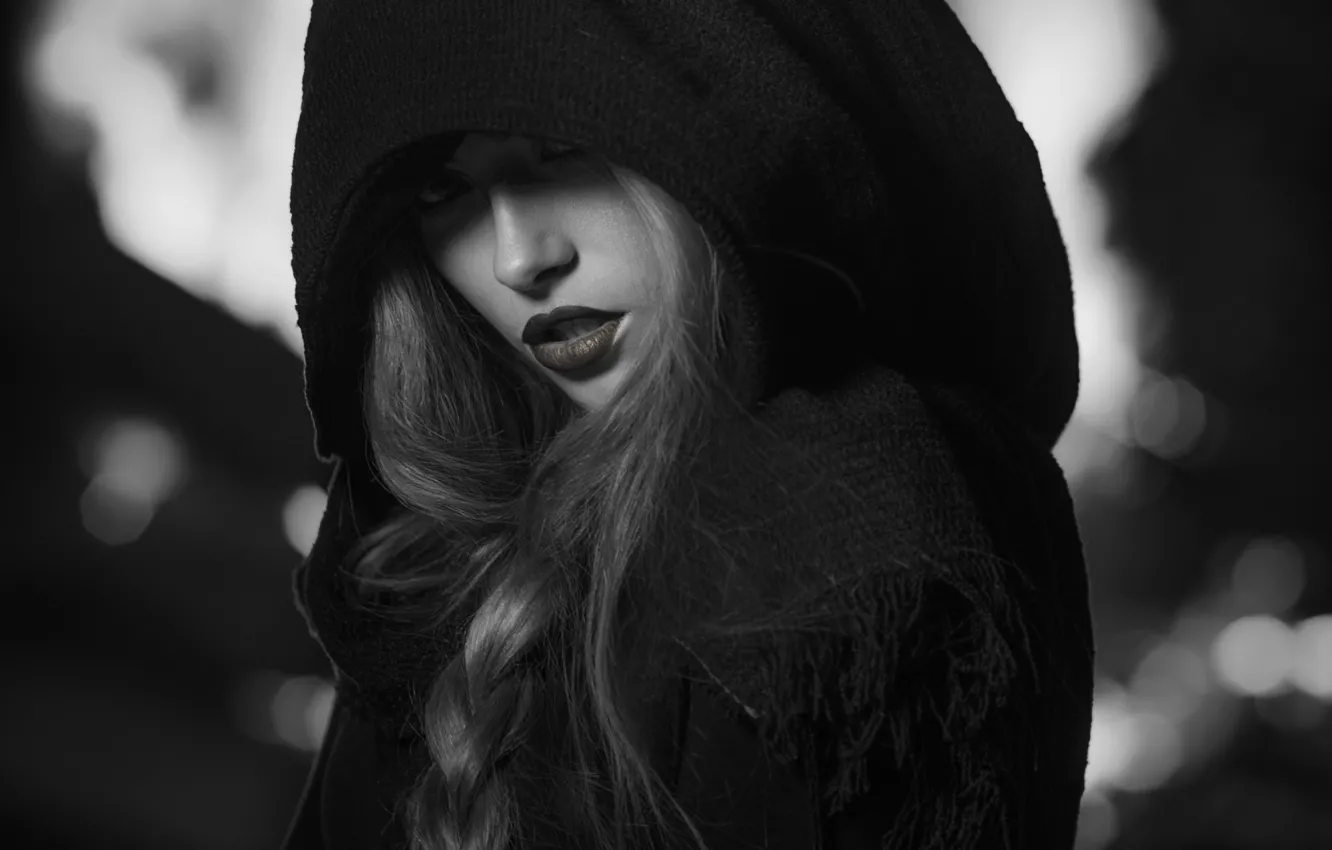 Photo wallpaper girl, hood, braid, black and white photo