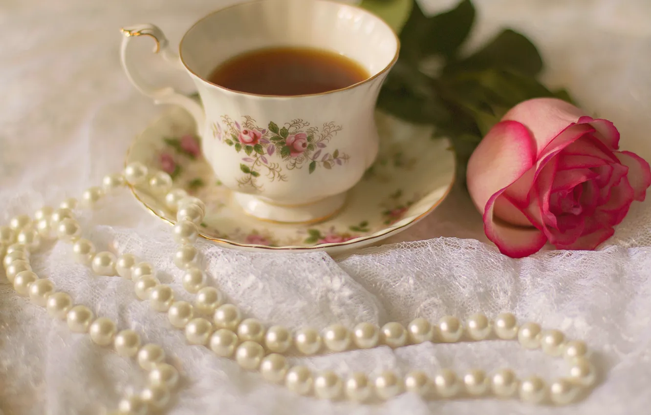 Photo wallpaper rose, Cup, rose, cup, drink, tea, tea, pearls