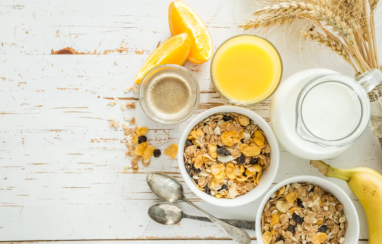 Photo wallpaper coffee, orange, food, Breakfast, milk, juice, bananas, fresh