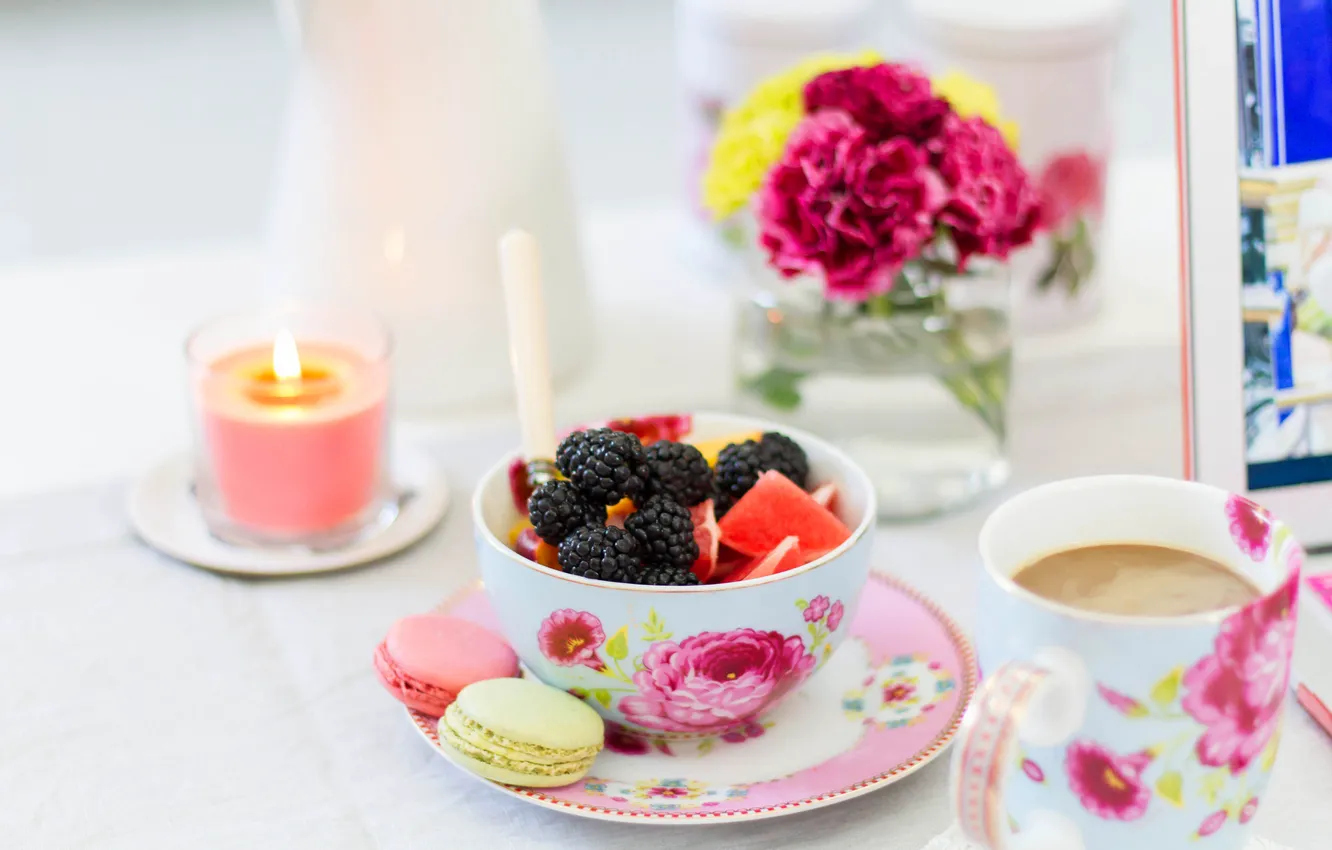 Photo wallpaper flowers, berries, coffee, candle, cookies, vase, fruit, grapefruit