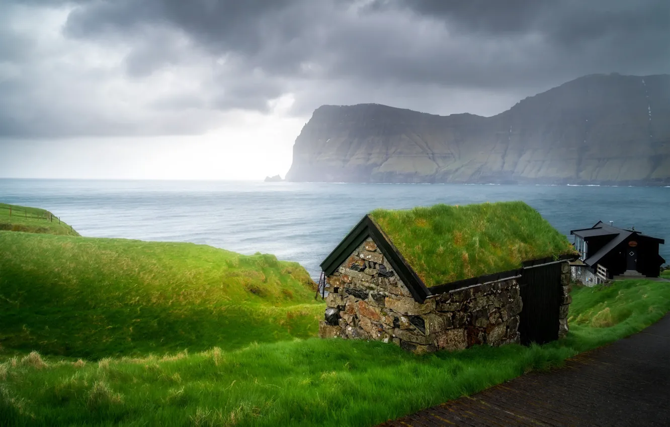 Photo wallpaper sea, mountains, rocks, shore, house, Faroe Islands, The Faroe Islands