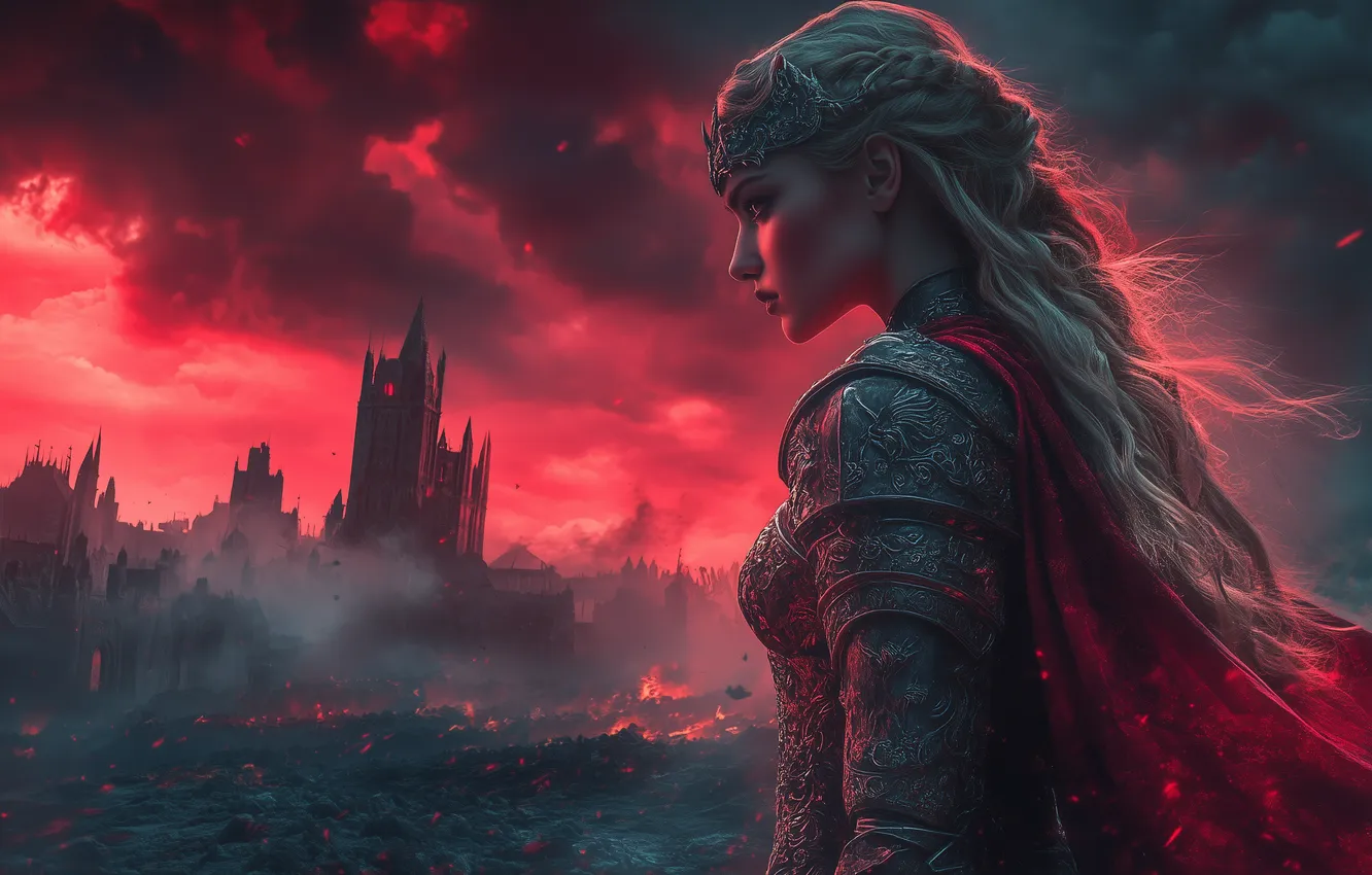 Photo wallpaper fantasy, castle, Apocalypse, girl., warrior, Princess, dark fantasy, scarlet sky