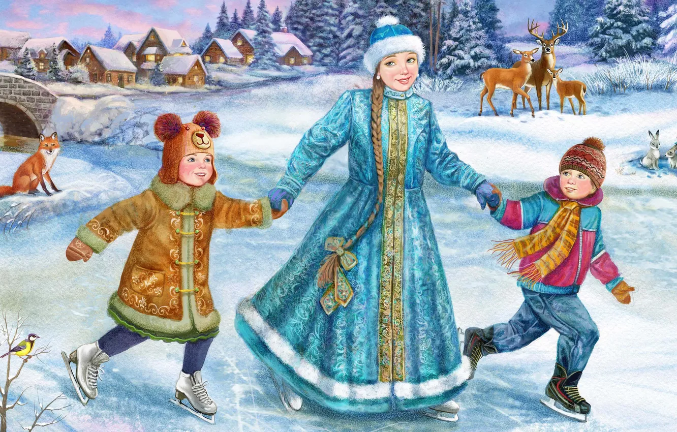Photo wallpaper winter, snow, children, maiden, illustration, skates