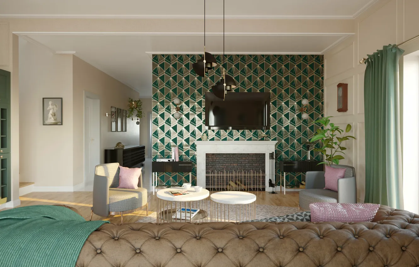 Photo wallpaper design, interior, fireplace, living room, art-deco living room, by Jaroslaw Dzedzej, art deco style