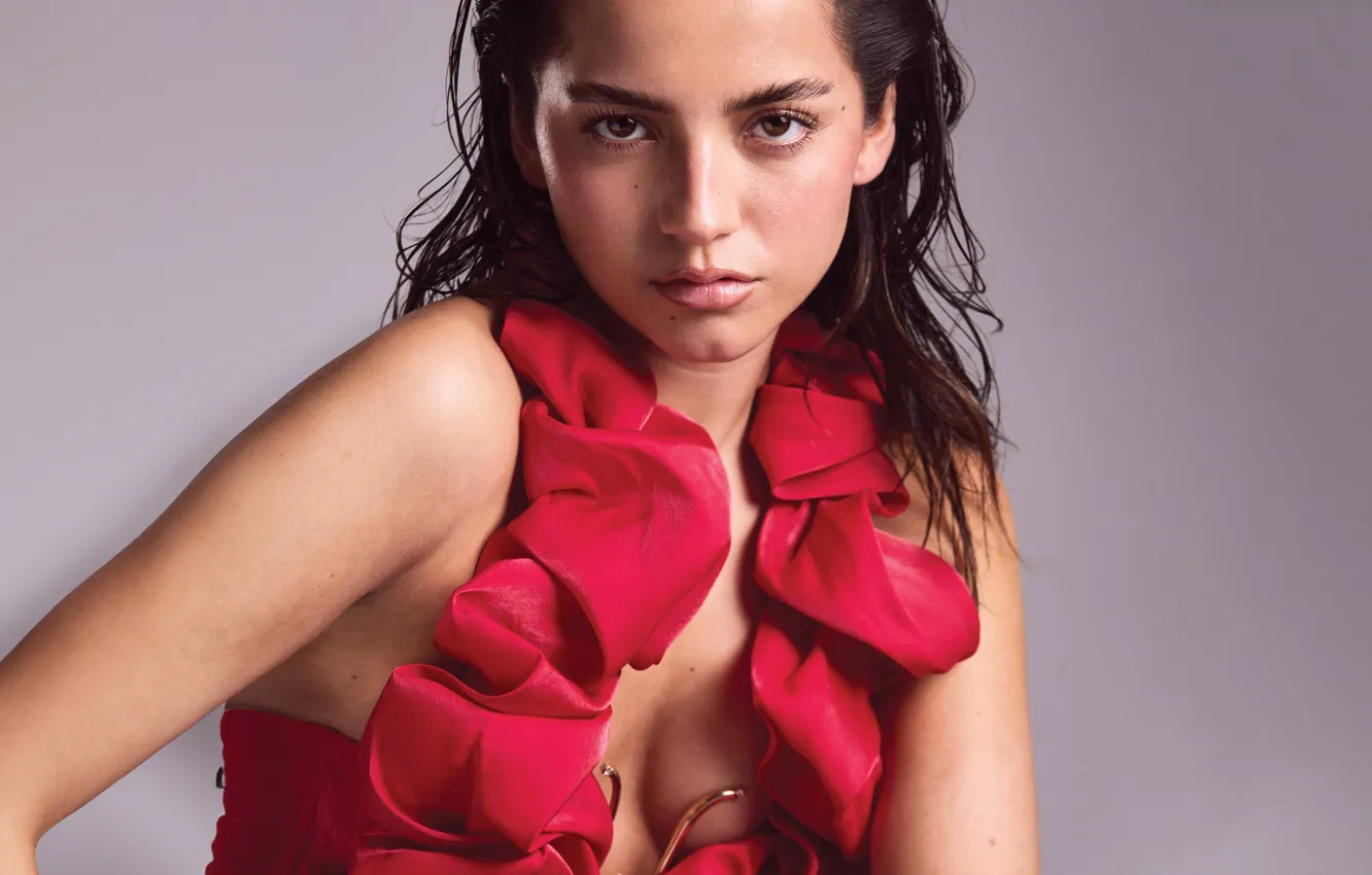 Photo wallpaper pose, background, portrait, actress, brunette, beauty, in red, Isabela Merced