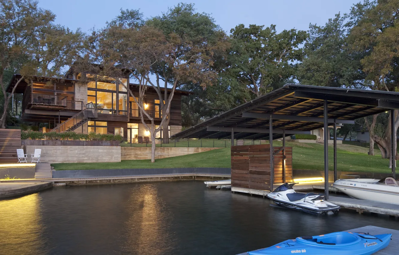 Photo wallpaper Villa, boats, the evening, pier, lighting, architecture, Texas, Texas