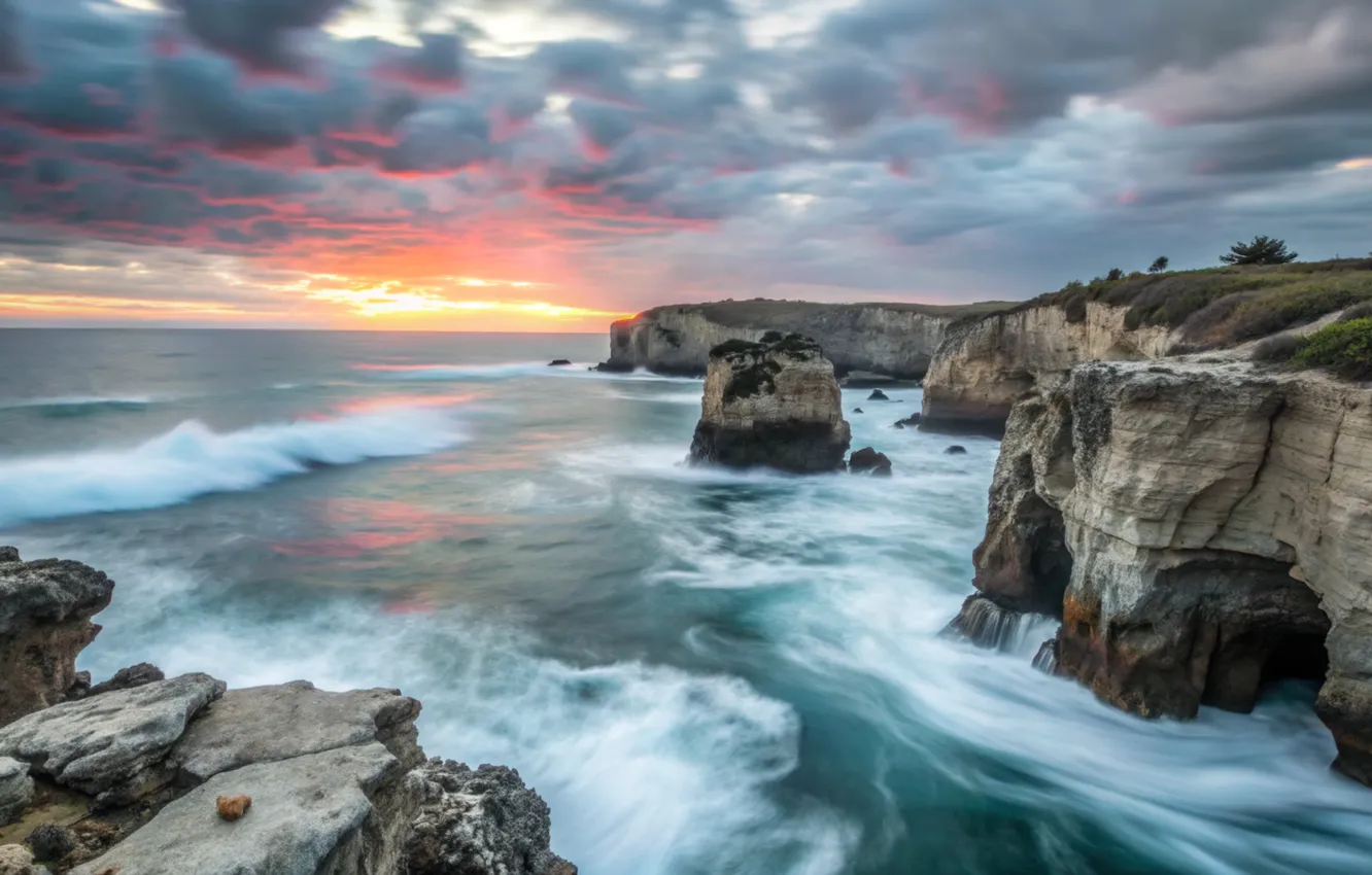 Photo wallpaper sea, wave, sunset, clouds, rocks, shore, waves, sea