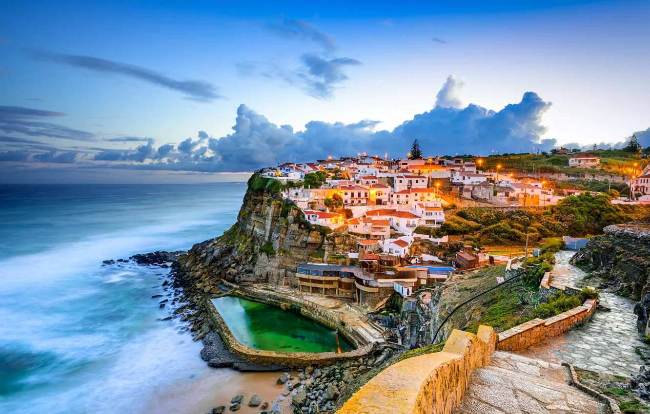 Photo wallpaper Clouds, Home, The evening, The city, Rock, Portugal, Coast, The Atlantic ocean