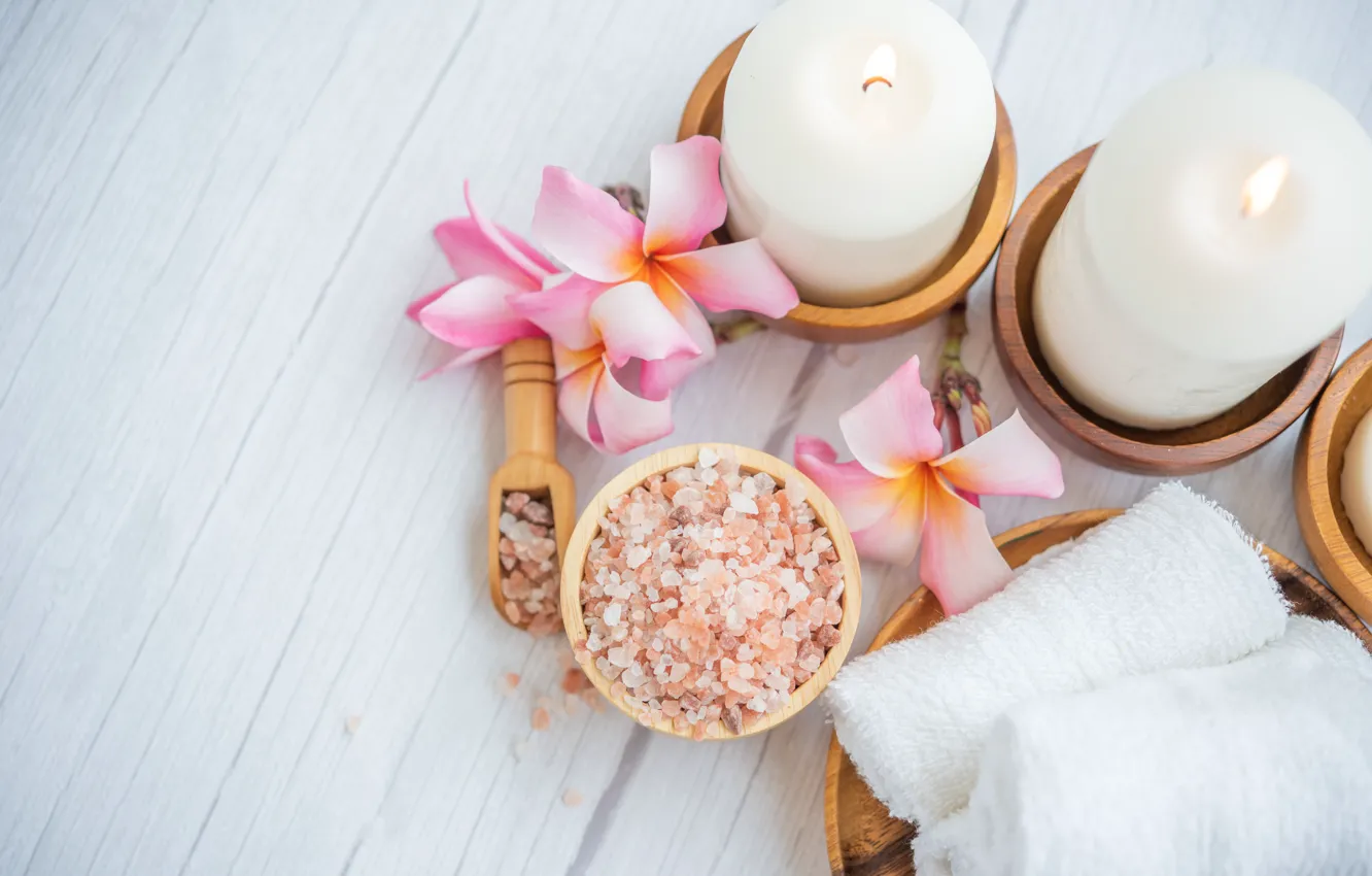 Photo wallpaper flowers, Board, towel, candles, pink, bowl, white, light background