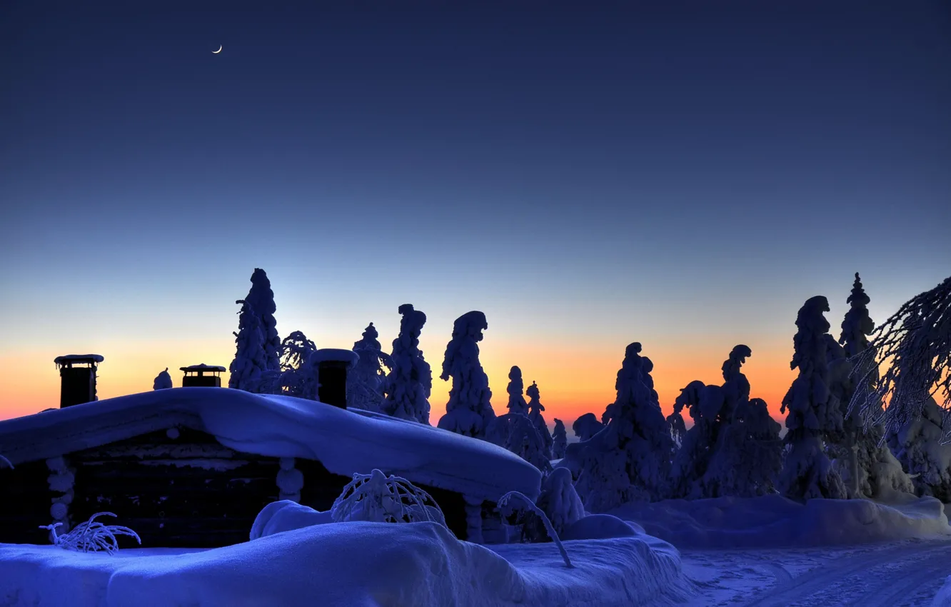 Photo wallpaper winter, a month, the evening, Finland