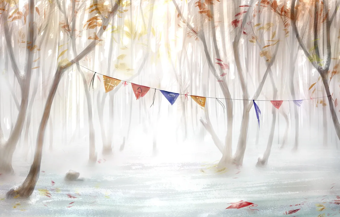Photo wallpaper forest, trees, art, flags