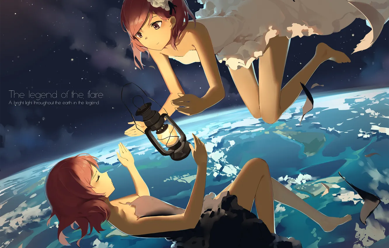 Photo wallpaper the sky, stars, clouds, girls, earth, planet, height, anime