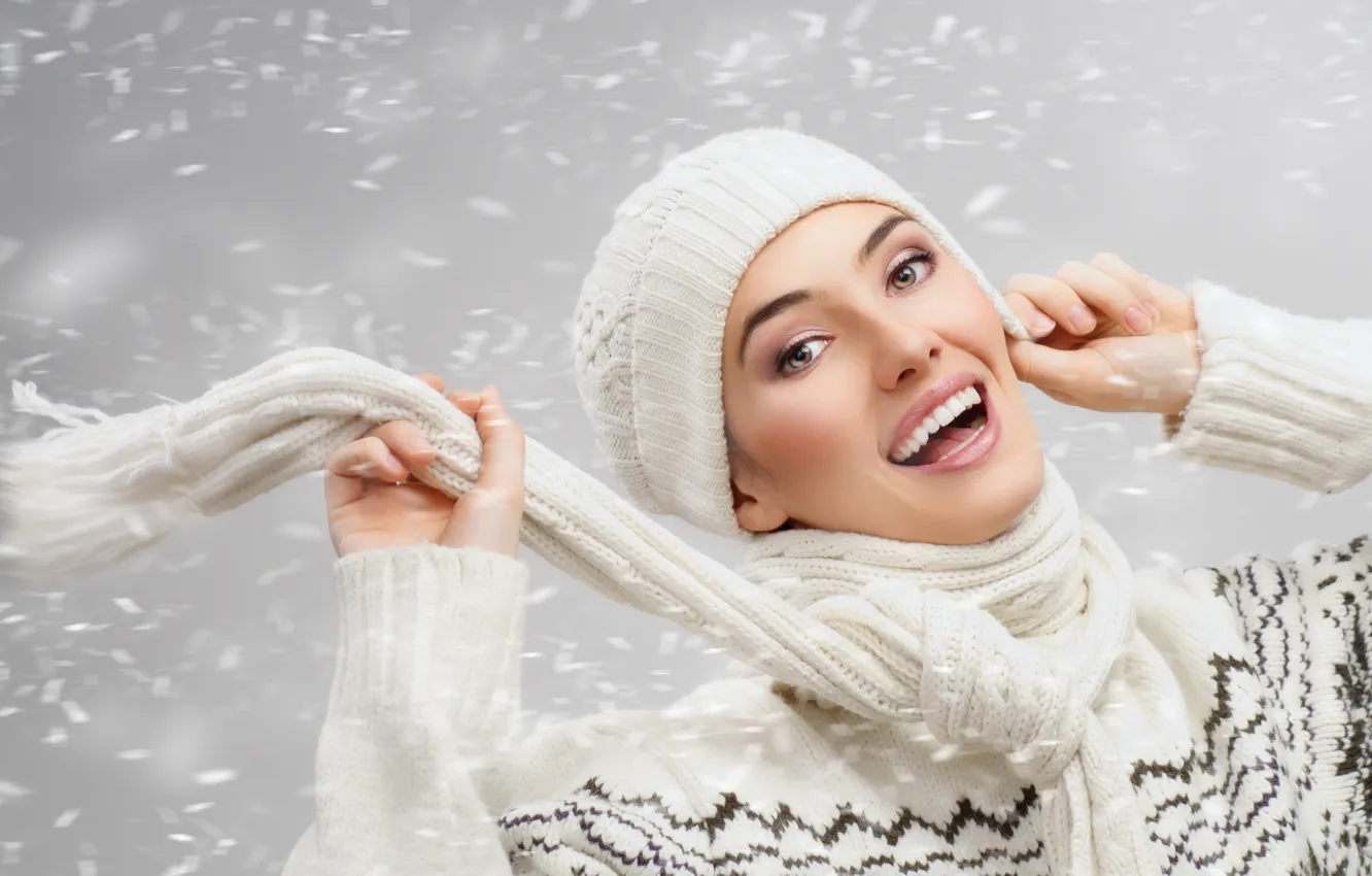 Photo wallpaper girl, snow, joy, the wind, scarf, cap, brown-eyed